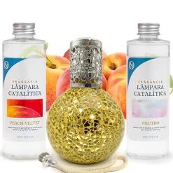 Mamamanuela Pack économique Lampe Catalytique Mosaïque Doré + Parfum Peach Velvet (200 ml) + Nettoyant Neutre (200 ml) + Mèche de Rechange