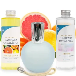 Mamamanuela Pack économique Lampe Catalytique Bleu Gris Mat + Parfum Winter Citrus (500 ml) + Nettoyant Neutre (200 ml) + Mèche de Rechange