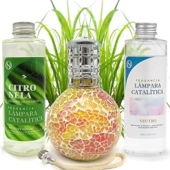 Mamamanuela Pack économique Lampe Catalytique Mosaïque Bicolore + Parfum Citronnelle (200 ml) + Nettoyant Neutre (200 ml) + Mèche de Rechange