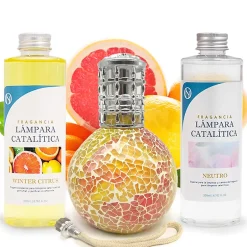 Mamamanuela Pack économique Lampe Catalytique Mosaïque Bicolore + Parfum Winter Citrus (200ml) + Nettoyant Neutre (200ml) + Mèche de Rechange Best