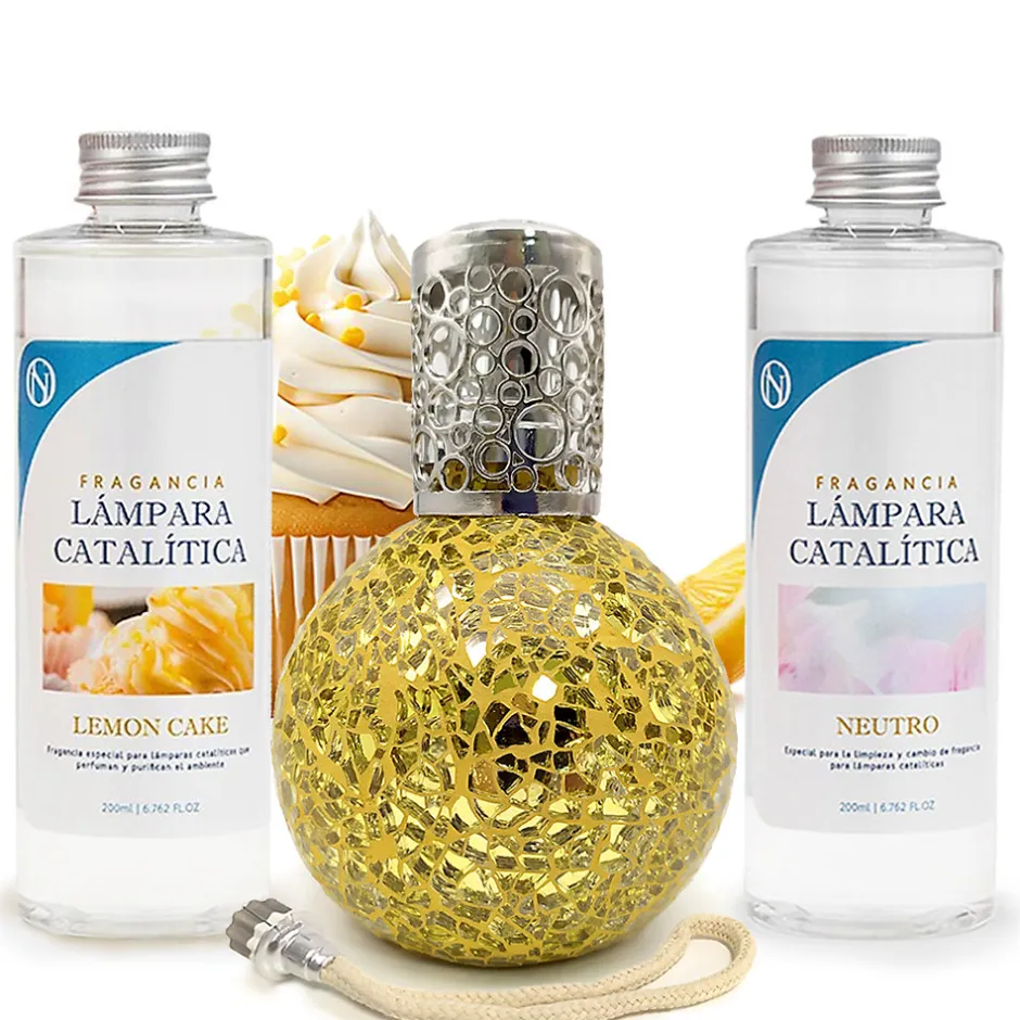 Mamamanuela Pack économique Lampe Catalytique Mosaïque Doré + Parfum Lemon Cake (500 ml) + Nettoyant Neutre (200 ml) + Mèche de Rechange