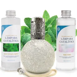 Mamamanuela Pack économique Lampe Catalytique Mosaïque Blanc + Parfum Mountain Mint (500 ml) + Nettoyant Neutre (200 ml) + Mèche de Rechange New