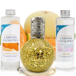 Mamamanuela Pack économique Lampe Catalytique Mosaïque Doré + Parfum Waikiki Melon (200 ml) + Nettoyant Neutre (200 ml) + Mèche de Rechange