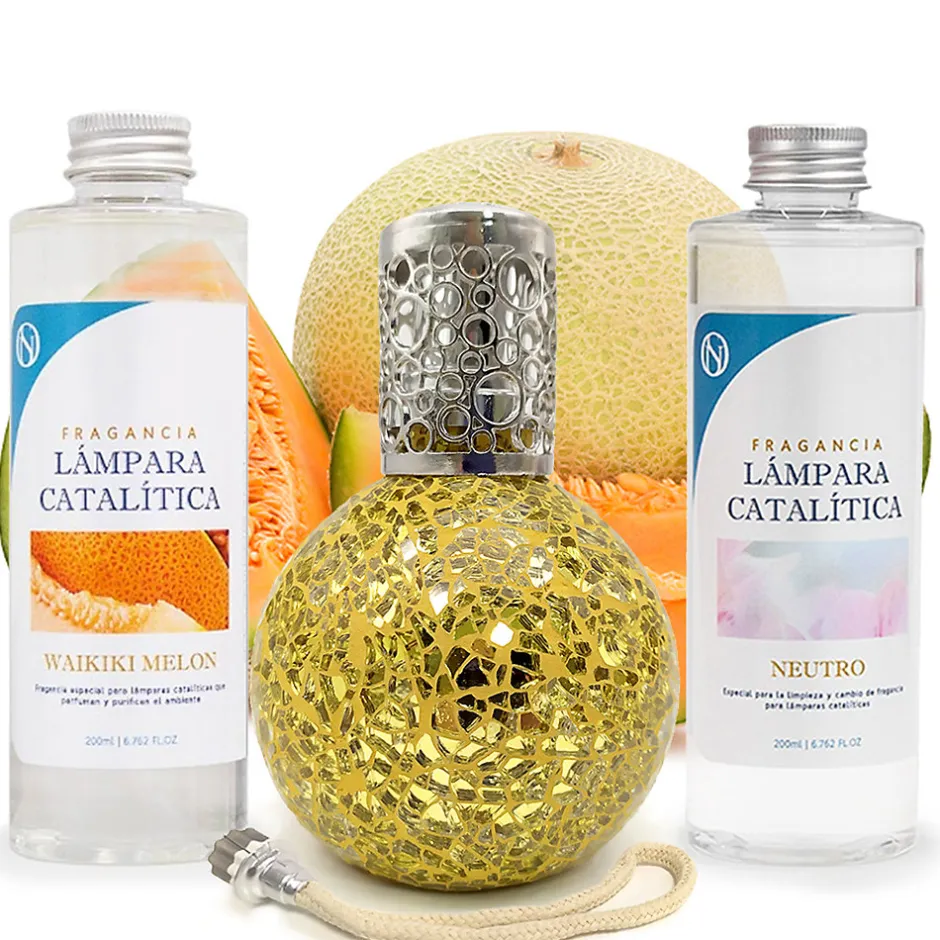 Mamamanuela Pack économique Lampe Catalytique Mosaïque Doré + Parfum Waikiki Melon (200 ml) + Nettoyant Neutre (200 ml) + Mèche de Rechange