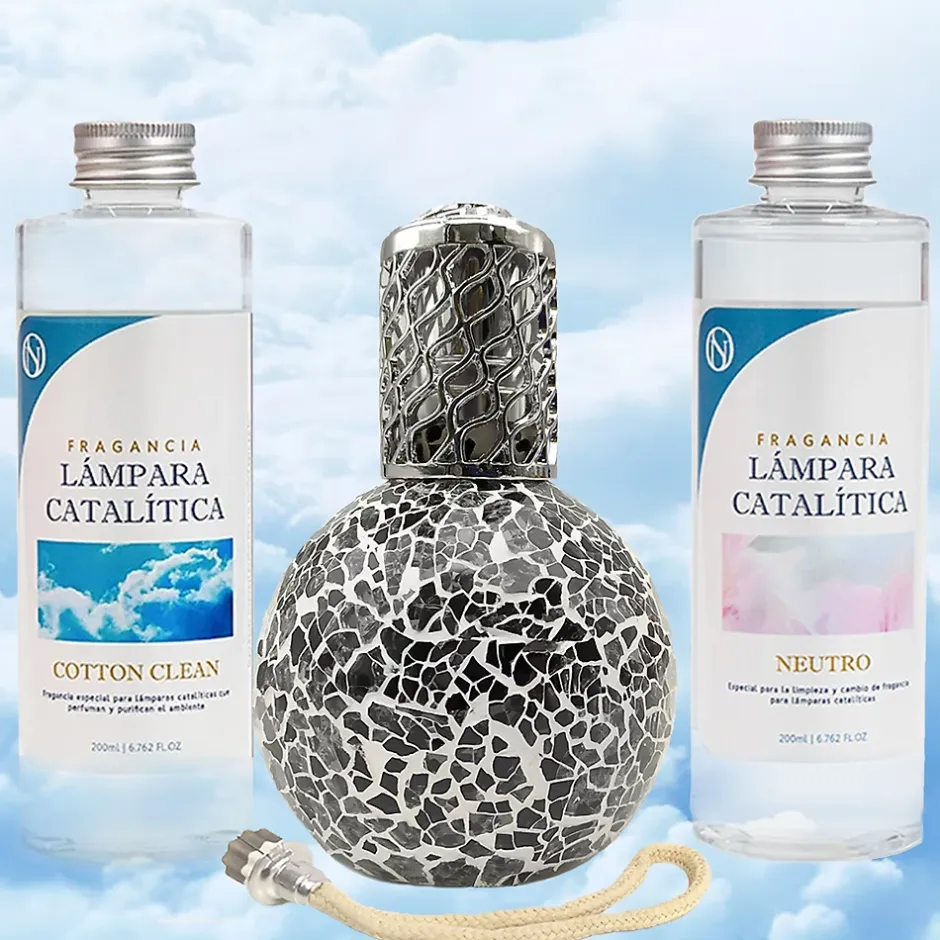 Mamamanuela Pack économique Lampe Catalytique Mosaïque Noir + Parfum Cotton Clean (500 ml) + Nettoyant Neutre (200 ml) + Mèche de Rechange Sale