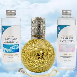 Mamamanuela Pack économique Lampe Catalytique Mosaïque Doré + Parfum Cotton Clean (500 ml) + Nettoyant Neutre (200 ml) + Mèche de Rechange