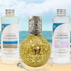 Mamamanuela Pack économique Lampe Catalytique Mosaïque Doré + Parfum Mediterranean Light (200 ml) + Nettoyant Neutre (200 ml) + Mèche Rechange