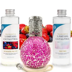 Mamamanuela Pack économique Lampe Catalytique Mosaïque Fuchsia + Parfum Summer Fruits (500 ml) + Nettoyant Neutre (200 ml) + Mèche de Rechange