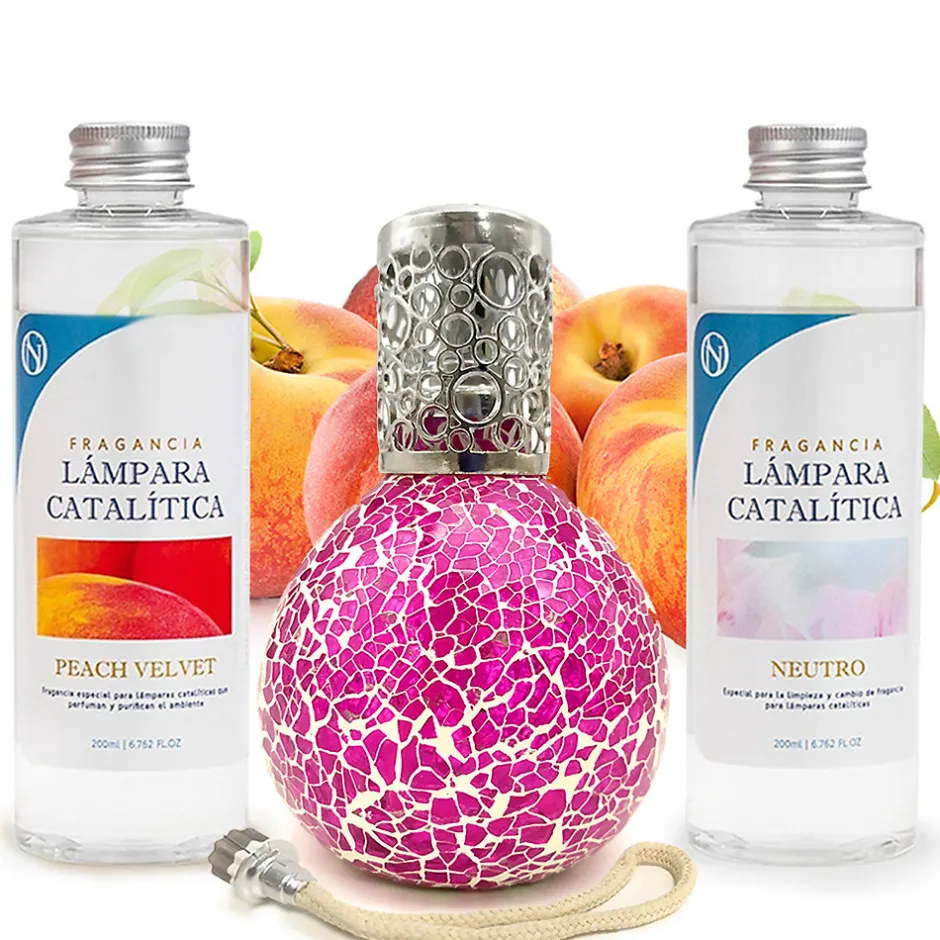 Mamamanuela Pack économique Lampe Catalytique Mosaïque Fuchsia + Parfum Peach Velvet (500 ml) + Nettoyant Neutre (200 ml) + Mèche de Rechange