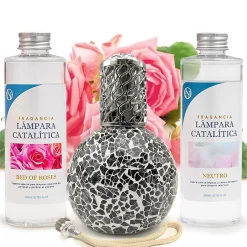 Mamamanuela Pack économique Lampe Catalytique Mosaïque Noir + Parfum Bed of Roses (500 ml) + Nettoyant Neutre (200 ml) + Mèche de Rechange