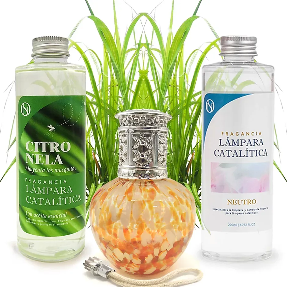 Mamamanuela Pack économique Lampe Catalytique Drops Orange + Parfum Citronnelle (200 ml) + Nettoyant Neutre (200 ml) + Mèche de Rechange New