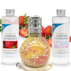 Mamamanuela Pack économique Lampe Catalytique Mosaïque Bicolore + Parfum Wild Strawberry (200ml) + Nettoyant Neutre (200ml) + Mèche Rechange Best