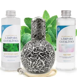 Mamamanuela Pack économique Lampe Catalytique Mosaïque Noir + Parfum Mountain Mint (200 ml) + Nettoyant Neutre (200 ml) + Mèche de Rechange Outlet