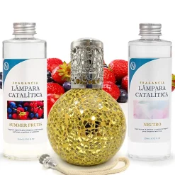 Mamamanuela Pack économique Lampe Catalytique Mosaïque Doré + Parfum Summer Fruits (200 ml) + Nettoyant Neutre (200 ml) + Mèche de Rechange Discount