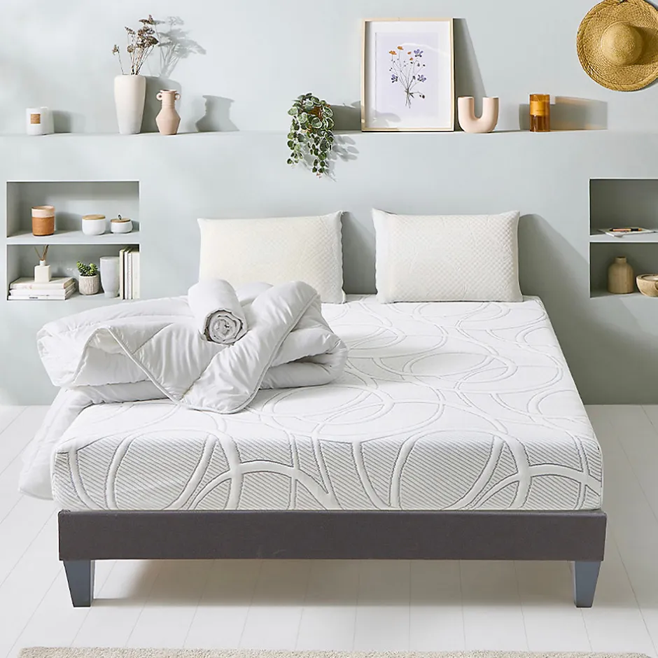 Olympe Literie Pack Eupraxie 90x190 cm Matelas Mousse + Sommier Bois + Accessoires