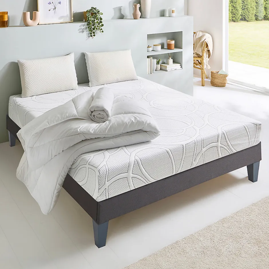 Olympe Literie Pack Eupraxie 90x190 cm Matelas Mousse + Sommier Bois + Accessoires
