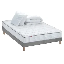 Idliterie Pack matelas ressorts ASTRE + sommier kit gris + couette et oreillers 140x200