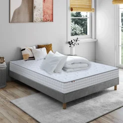 Idliterie Pack matelas ressorts ASTRE + sommier kit gris + couette et oreillers 140x200