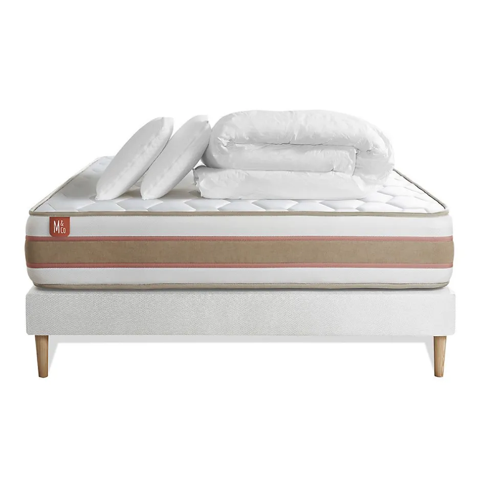 Marmottes & Co Pack sommier kit matelas Ressorts ensachés et mémoire de forme avec couette et oreillers