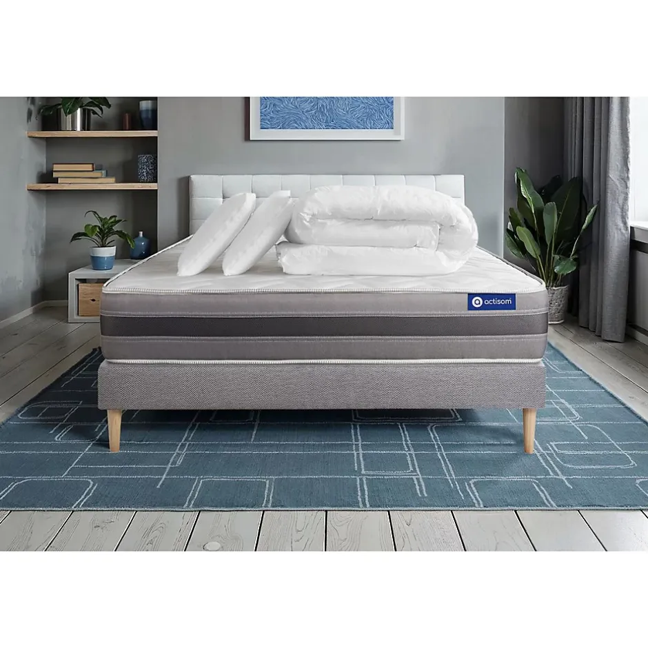 Actisom Pack sommier kit matelas Mémoire de forme avec couette et oreillers New