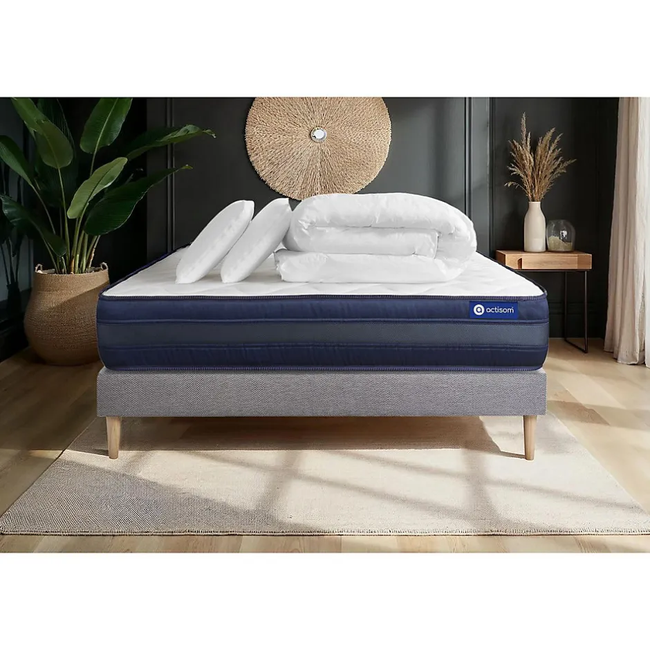 Actisom Pack sommier kit matelas Ressorts ensachés et mémoire de forme avec couette et oreillers