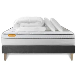 Sept Nuits Pack sommier kit matelas Ressorts ensachés et mémoire de forme avec couette et oreillers