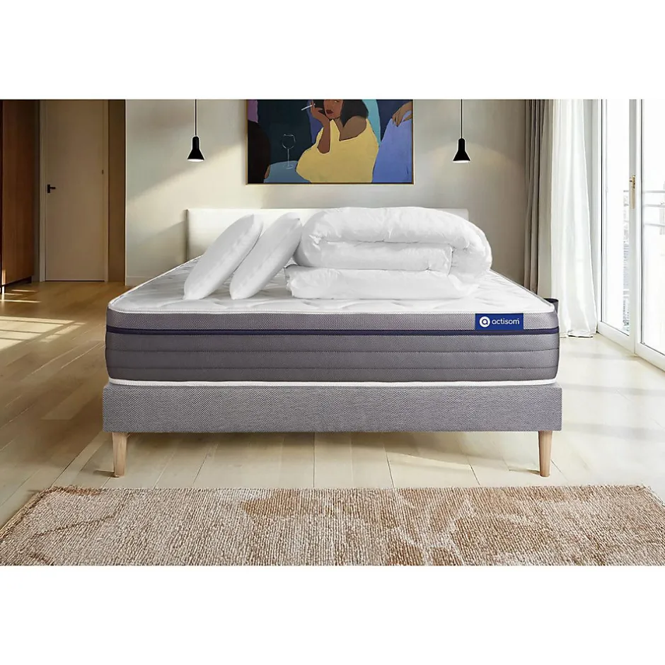Actisom Pack sommier kit matelas Mémoire de forme avec couette et oreillers Discount