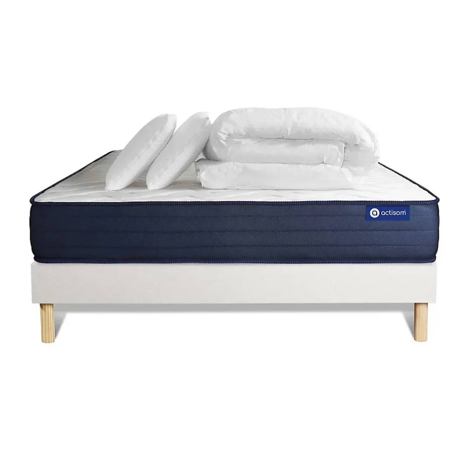 Actisom Pack sommier kit matelas Ressorts ensachés et mémoire de forme avec couette et oreillers Discount