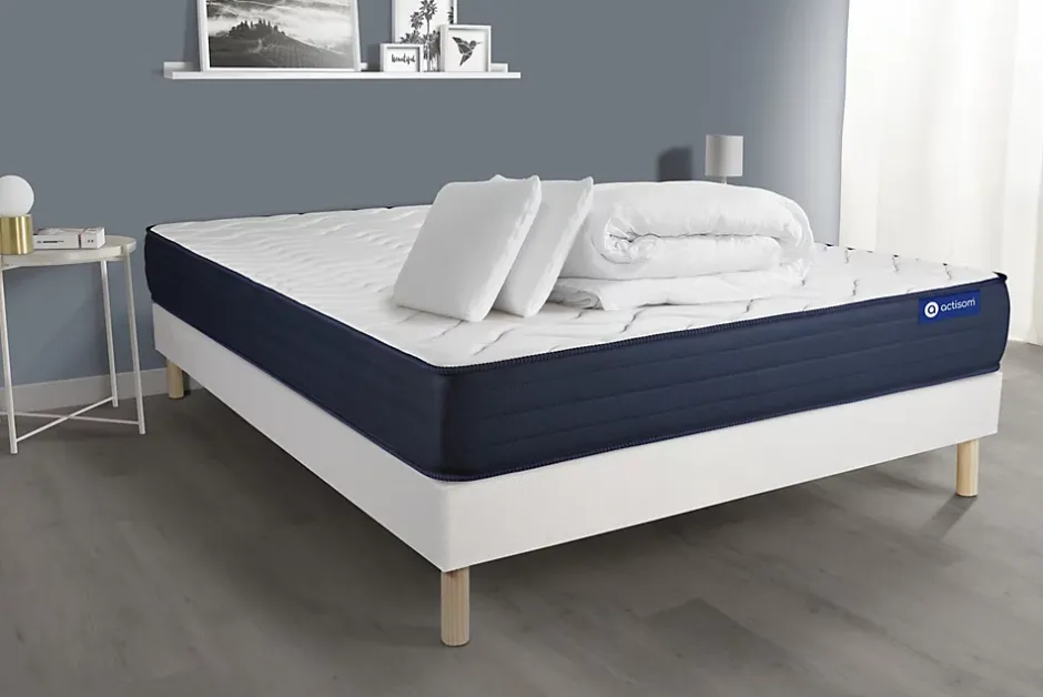 Actisom Pack sommier kit matelas Ressorts ensachés et mémoire de forme avec couette et oreillers Discount