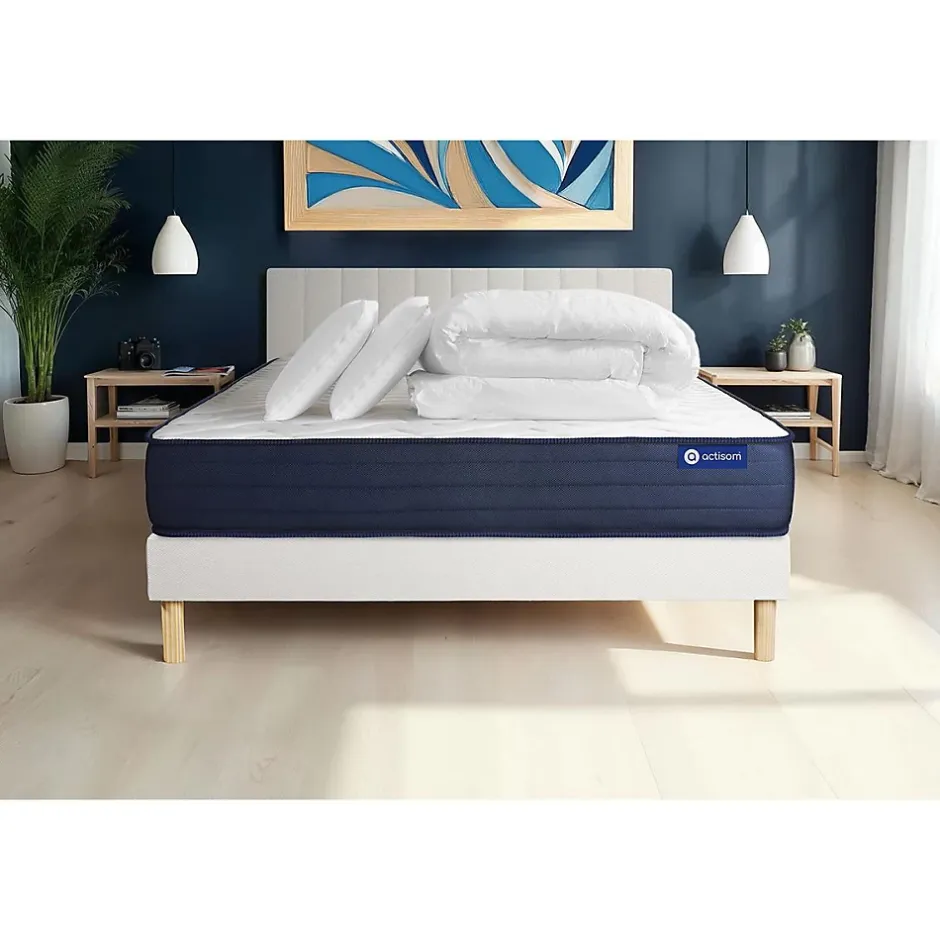 Actisom Pack sommier kit matelas Ressorts ensachés et mémoire de forme avec couette et oreillers Discount