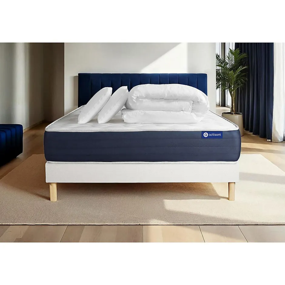 Actisom Pack sommier kit matelas Ressorts ensachés et mémoire de forme avec couette et oreillers