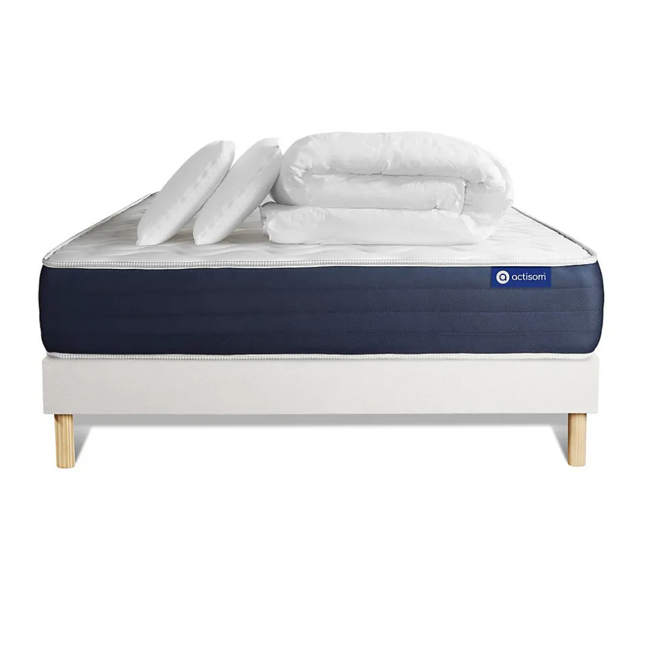 Actisom Pack sommier kit matelas Ressorts ensachés et mémoire de forme avec couette et oreillers