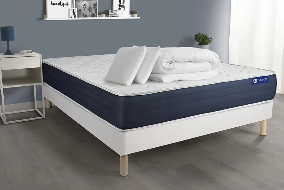 Actisom Pack sommier kit matelas Ressorts ensachés et mémoire de forme avec couette et oreillers