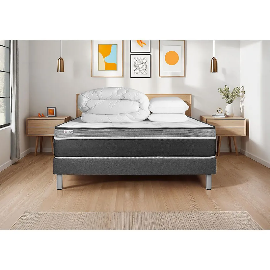 Vitalit Pack sommier kit matelas Ressorts ensachés et mémoire de forme avec couette et oreillers