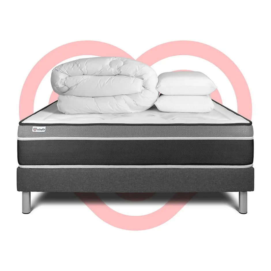 Vitalit Pack sommier kit matelas Ressorts ensachés et mémoire de forme avec couette et oreillers