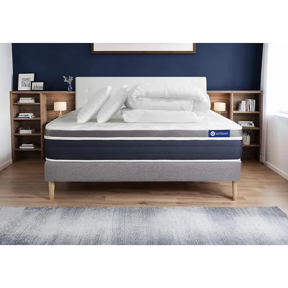 Actisom Pack sommier kit matelas Ressorts ensachés et mémoire de forme avec couette et oreillers Sale