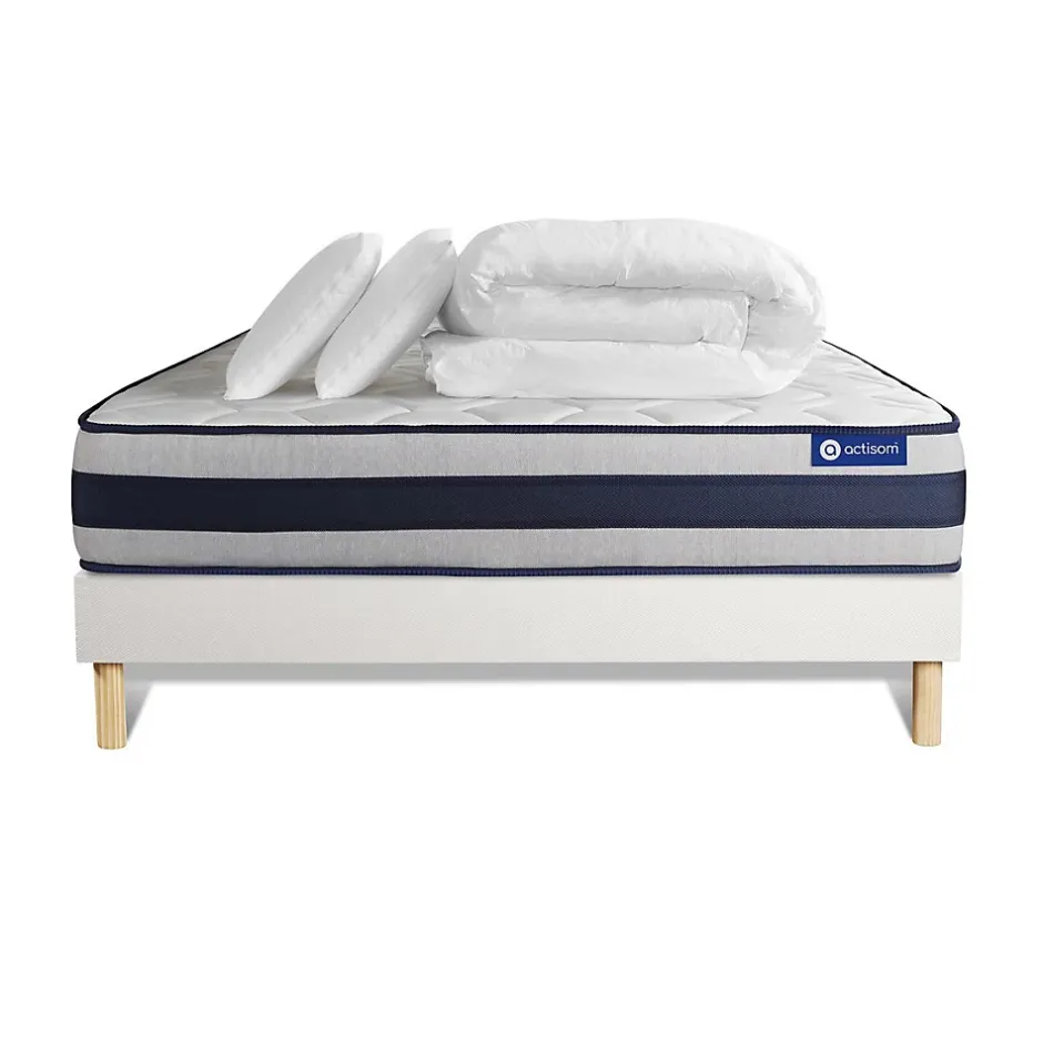 Actisom Pack sommier kit matelas Mémoire de forme avec couette et oreillers Discount