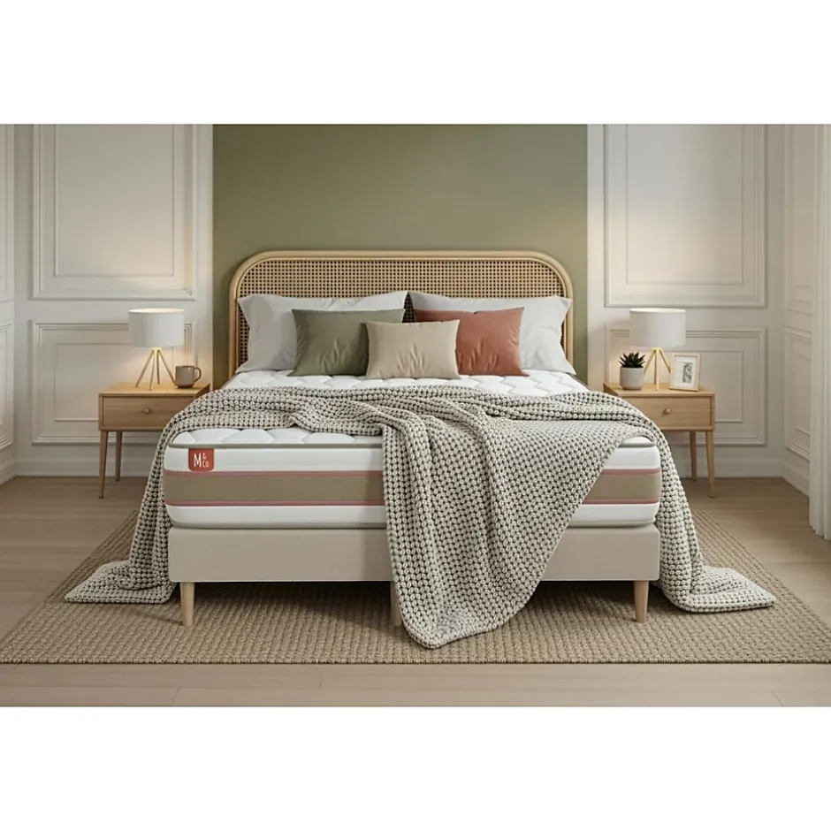 Marmottes & Co Pack sommier tapissier matelas Ressorts ensachés et mémoire de forme avec couette et oreillers New
