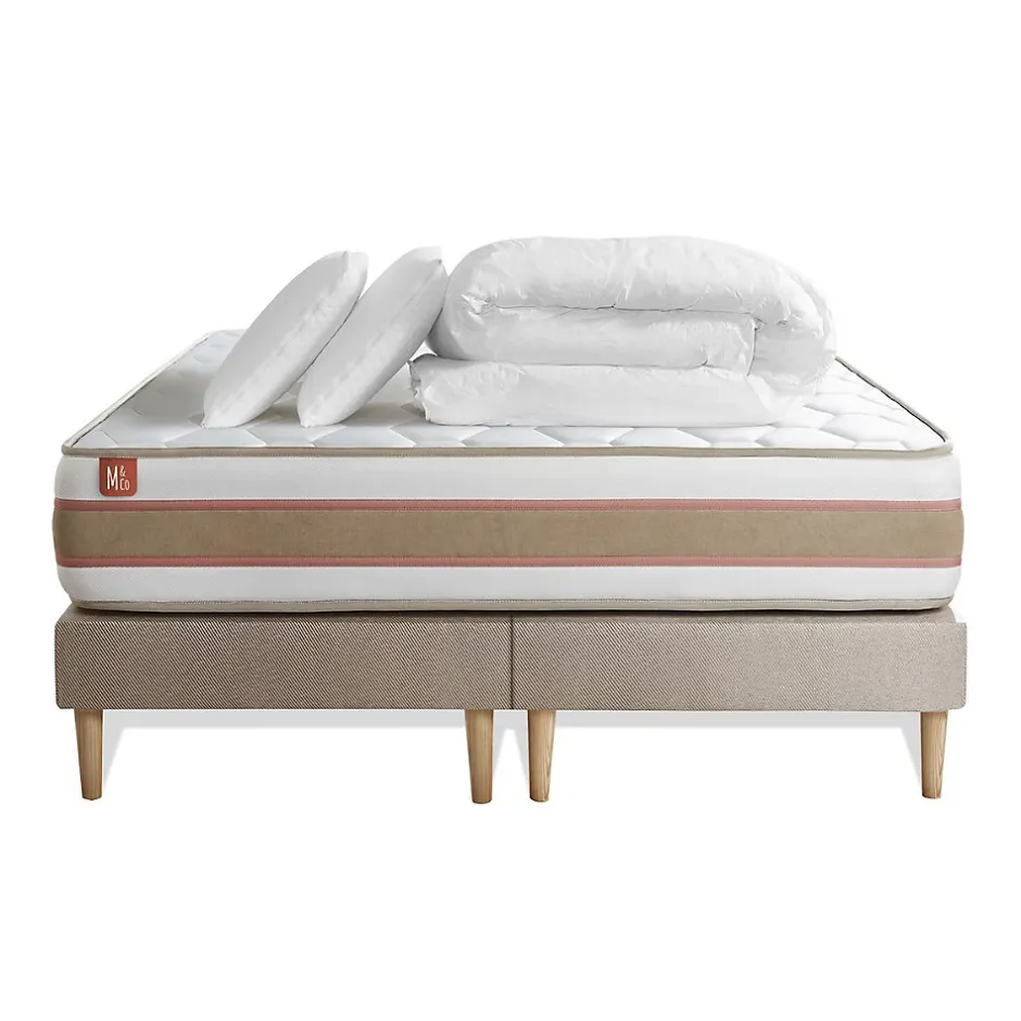 Marmottes & Co Pack sommier tapissier matelas Ressorts ensachés et mémoire de forme avec couette et oreillers New