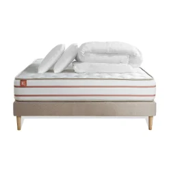 Marmottes & Co Pack sommier tapissier matelas Mémoire de forme avec couette et oreillers