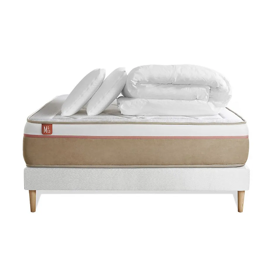 Marmottes & Co Pack sommier tapissier matelas Ressorts ensachés et mémoire de forme avec couette et oreillers