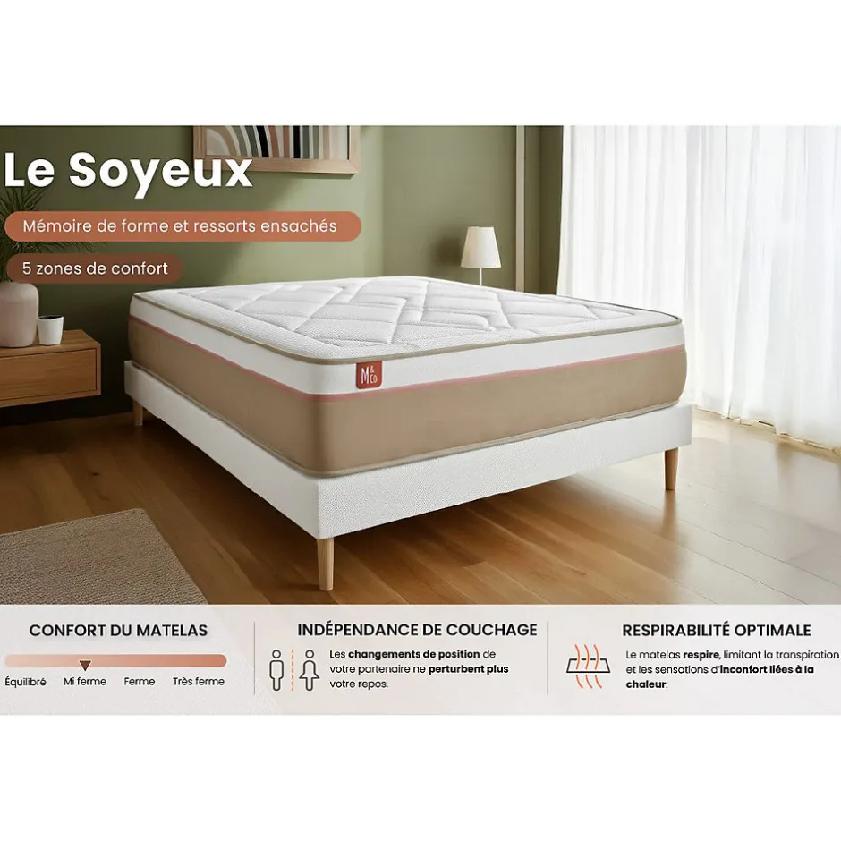Marmottes & Co Pack sommier tapissier matelas Ressorts ensachés et mémoire de forme avec couette et oreillers