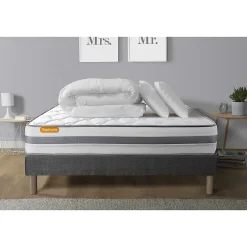 Sept Nuits Pack sommier tapissier matelas Ressorts ensachés et mémoire de forme avec couette et oreillers
