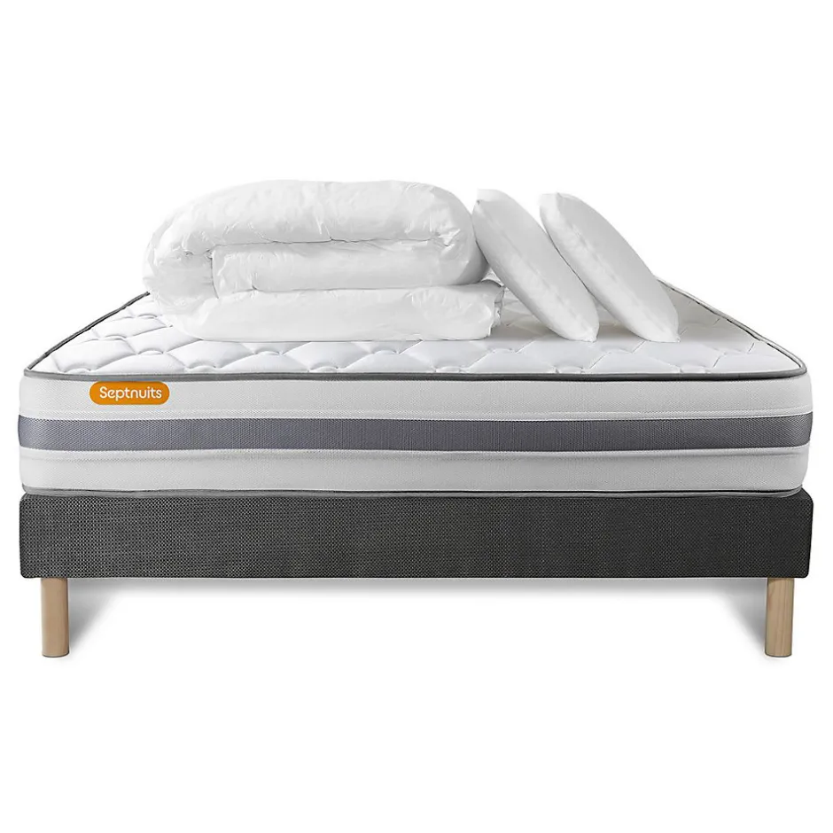 Sept Nuits Pack sommier tapissier matelas Ressorts ensachés et mémoire de forme avec couette et oreillers
