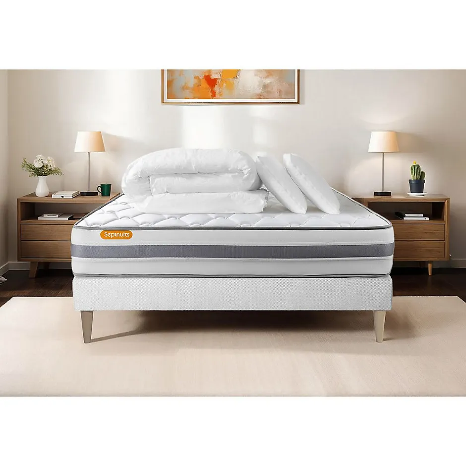 Sept Nuits Pack sommier tapissier matelas Ressorts ensachés et mémoire de forme avec couette et oreillers