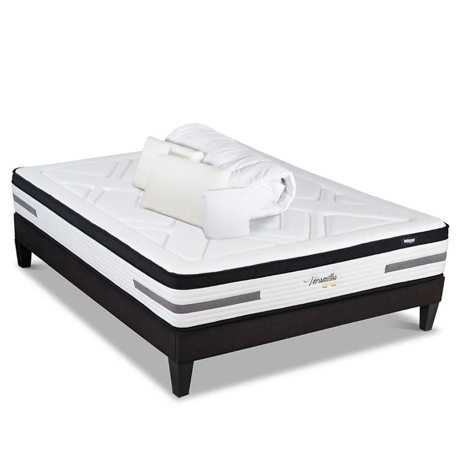 Bellecour Pack Versailles 140x190 cm Matelas Ressorts ensachés + Sommier Bois + Accessoires