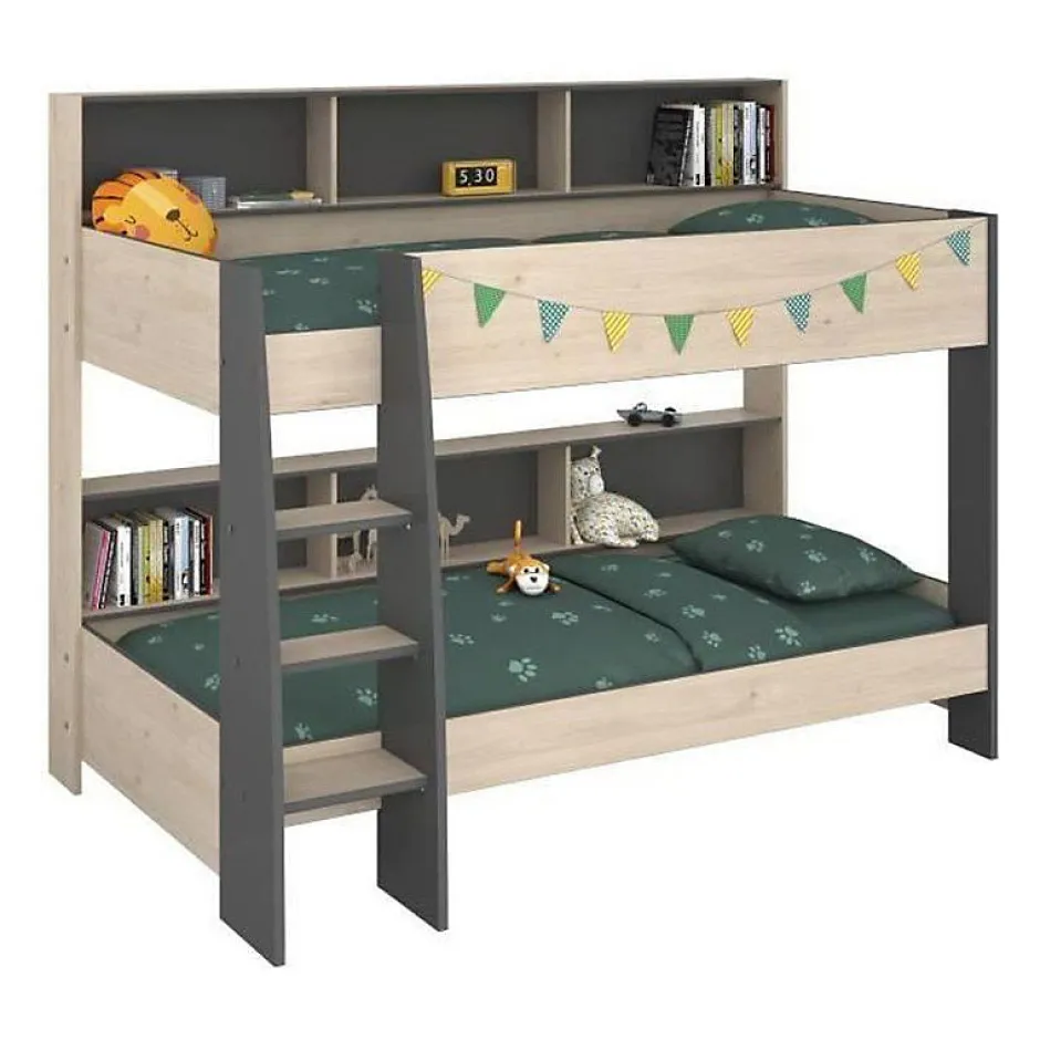 Parisot Lits superposes enfant - Decor Chene Jackson et Gris Ombre - Sommiers inclus - 2 x 90 x 200 cm - JIM