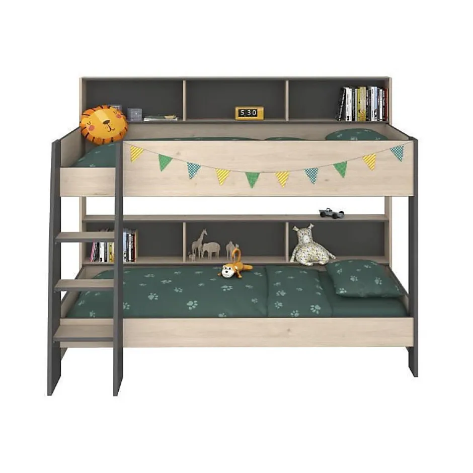 Parisot Lits superposes enfant - Decor Chene Jackson et Gris Ombre - Sommiers inclus - 2 x 90 x 200 cm - JIM