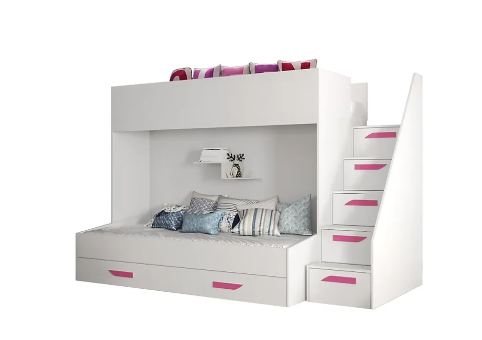 Abiks Meble PARTY 16 Lit superposé 247/165/135 (blanc/blanc/rose) New
