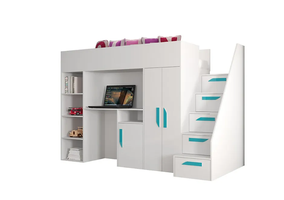Enfant Abiks Meble PARTY 14 Lit superposé 247/165/120 (blanc/blanc/turquoise)